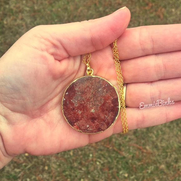 New Exquisite 24KGP Mexican Happy Lace Agate Slice Pendant Necklace / Happiness - Picture 14 of 16